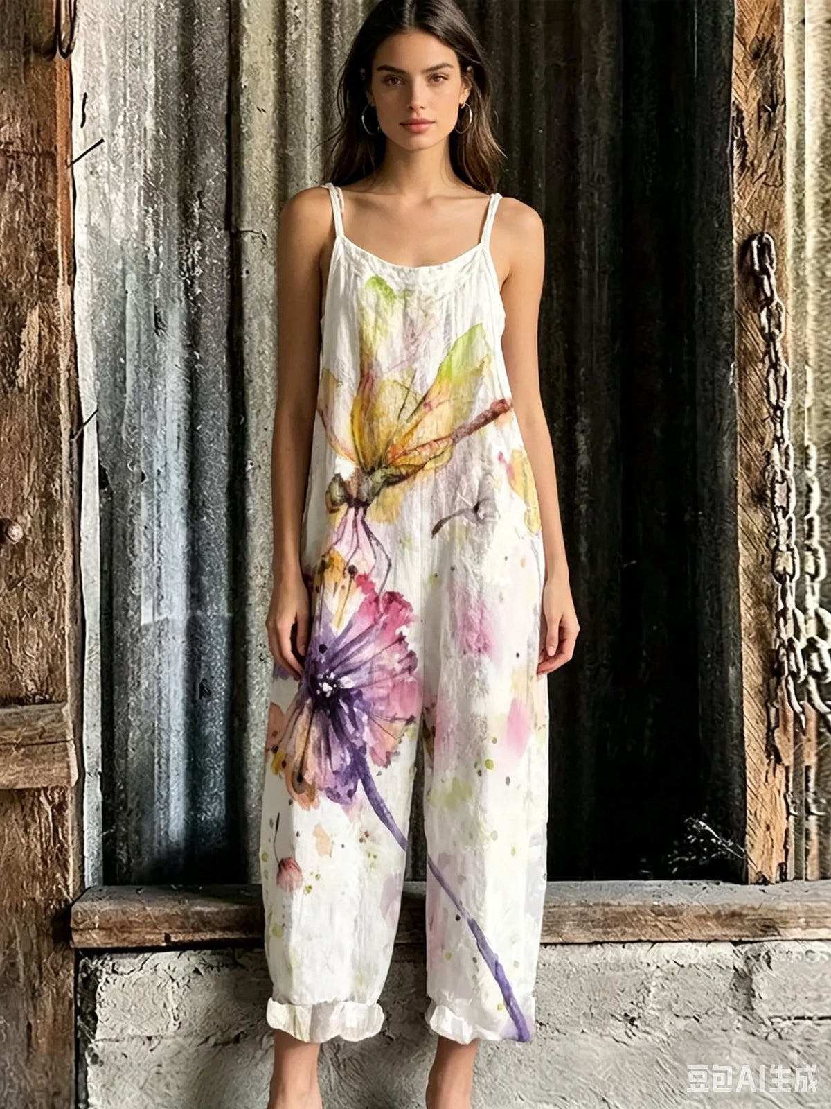 Summer Bohemian Floral White Daisy Print Baggy Jumpsuits Ladies Soft Cotton Linen Tie Strap Wide Leg Overalls Casual Daily Wear