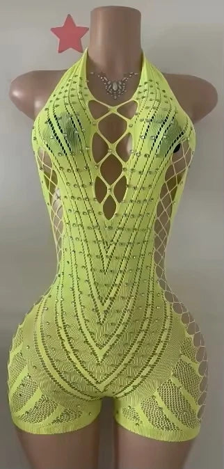 FAGADOER Sexy Hollow-out Rhinestone Patchwork Bodycon Rompers Woman Halter Sleeveless Backless Jumpsuits Female Party Clubwear