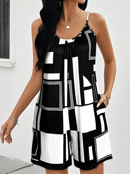 Women's All-Over Print Sleeveless Jumpsuit - Round Neck Strappy Romper, Vacation Beach Outfit, Flowy Summer Short Jumpsuit