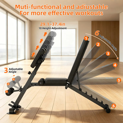 Adjustable Multi-Purpose Home Gym Weight Bench | 10 Gear Seat Adjustment & 6-Grade Backrest Incline | 5mm Heavy Steel Triangular Frame 660L lbs Load Limit | 2 Resistance Bands + Suction Anti-Slip Feet | Full Body Training Dum