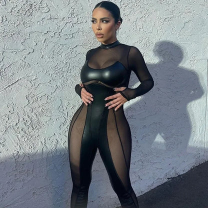 Black Mesh Sheer Bodycon Jumpsuit for Women 2024 Sexy Clubbing Outfits Gothic Punk Black One Piece Techwear C70-EC27