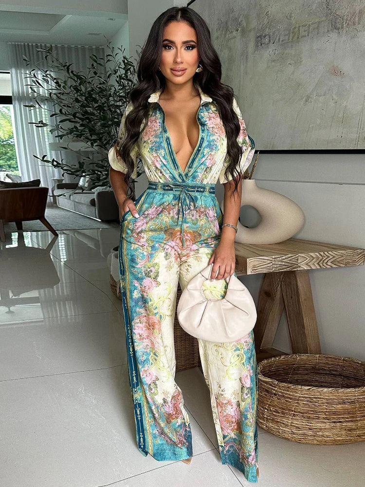 Jumpsuits Women Print One Piece Short Sleeve Overalls Wide Leg Long Pants High Waist Rompers Y2k Streetwear Beach V Neck 2025
