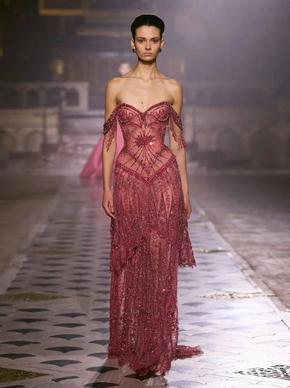 Sharon Said Evening Dresses Luxury A-Line Off Shoulder Tulle Crystals Beaded Tassels Formal Wedding Party Gowns SS516 Customized