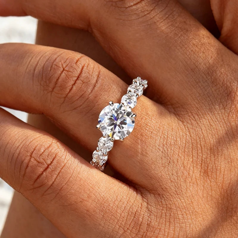 NKHOG 2CT Full Moissanite Ring Round Cut 5 Stones Side 925 Sterling Silver For Women Wedding Band Engagement Jewelry Gift Luxury