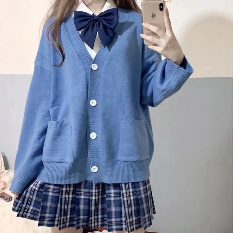 Japan School Sweater Spring Autumn V-neck Cotton Knitted Sweater College Style JK Uniform Cardigan 4 Color Student Girls Cosplay