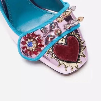 royal red heart crystal rivets Studs Pumps back pearl with tassel rhombus Square Heel Women Slip On mary jane Shoes