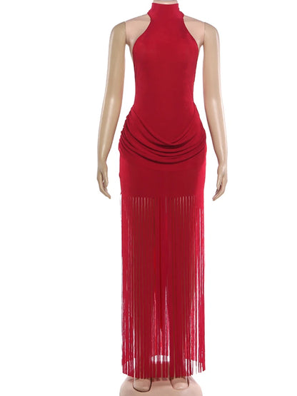 Weird Puss Halter Turtleneck Dress Women Velvet Ruched Patchwork Tassel Hem Elegant Sexy Backless Valentine's Day Party Bodycon