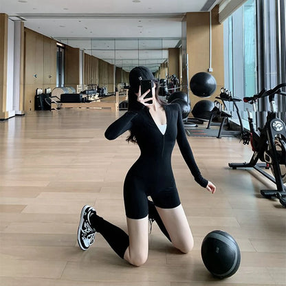Womens Playsuits Yoga Slim Fit Short Jumpsuits Stretch One Piece Long Sleeve Sexy Female Running Romper Zipper Home Clothes