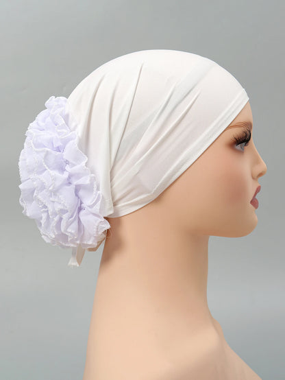 Muslim Women's Hijabs with Lace Chiffon Panhua Solid Color Thin Bottom Hat Islam Head Wrapping Tie Back Turban Female Headband
