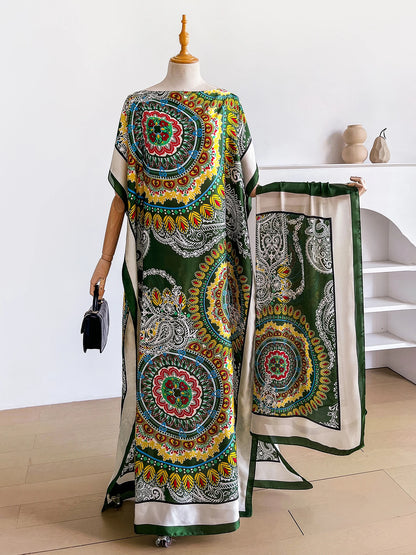 Dubai Mandala Paisley Print Abaya With Matching Scarf, Boat Neck Batwing Sleeve Loose Maxi Kaftan For African Muslim Women