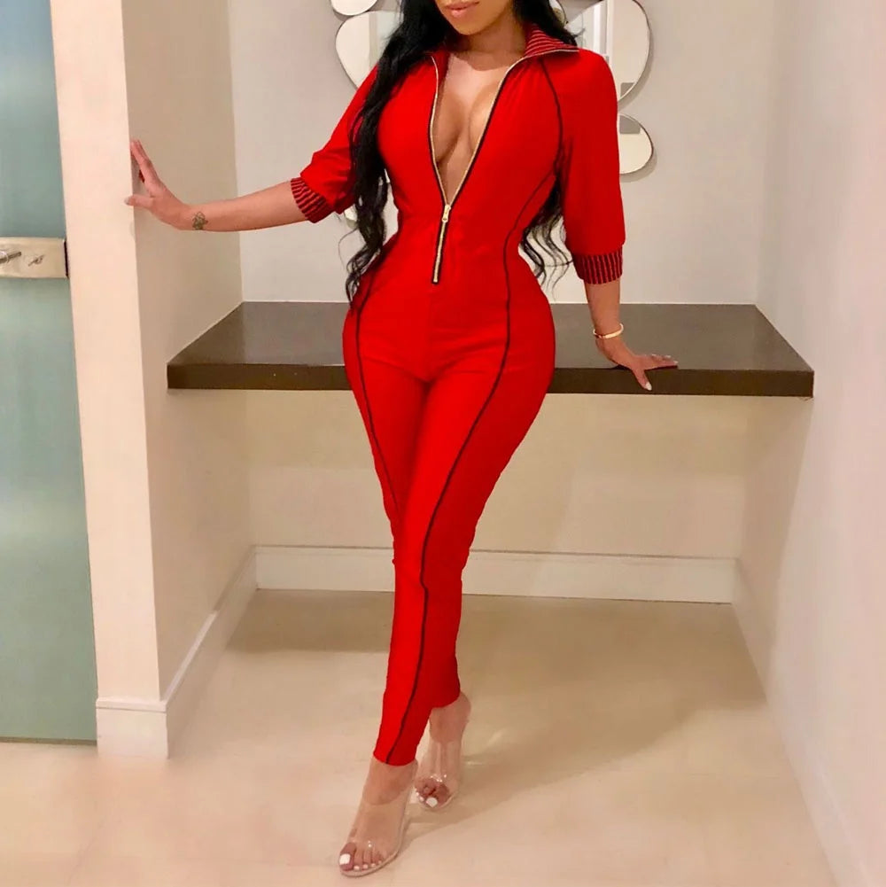 Sexy Front Zipper Casual Jumpsuit Rompers for Women Turtleneck Long Sleeve Skinny Fitness Overalls Grey One Piece Outfits Female