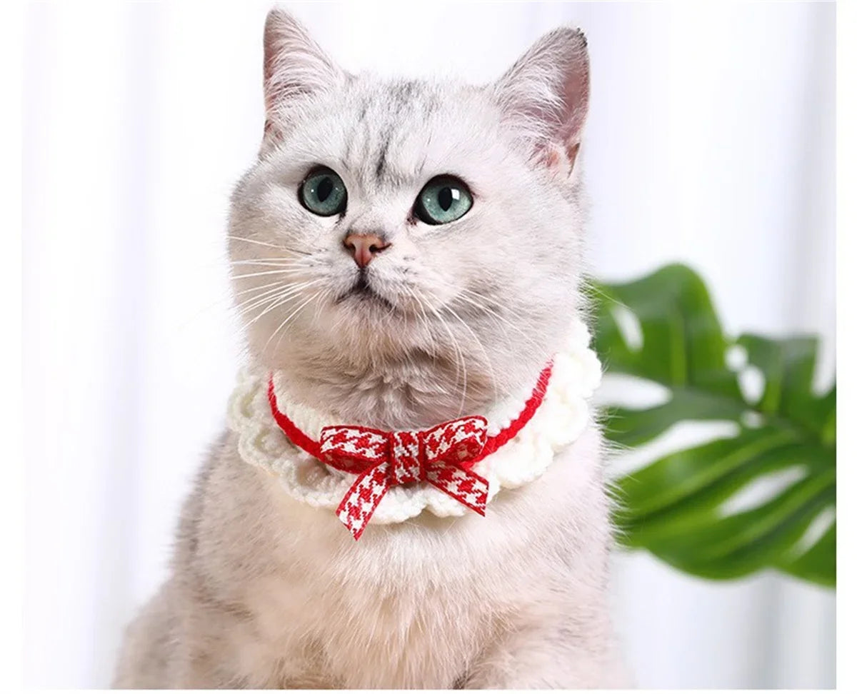 Cute Bow-knot Hand-knitted Saliva Towel Kitten Cat Puppy Adjustable Collar Pet Decorative Dog Cat Collar Pet dog Accessories