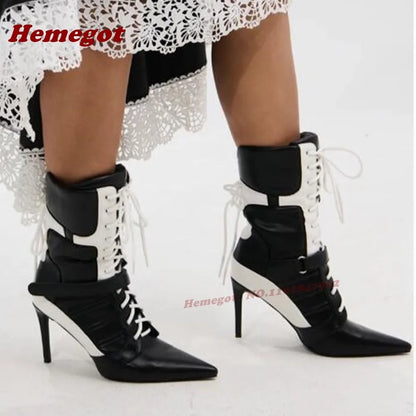 Black White Patchwork Pointy Ankle Boots Stiletto Heels Hook and Loop Cross Tied Women's Boots Winter Gladiator Lace-Up Shoes
