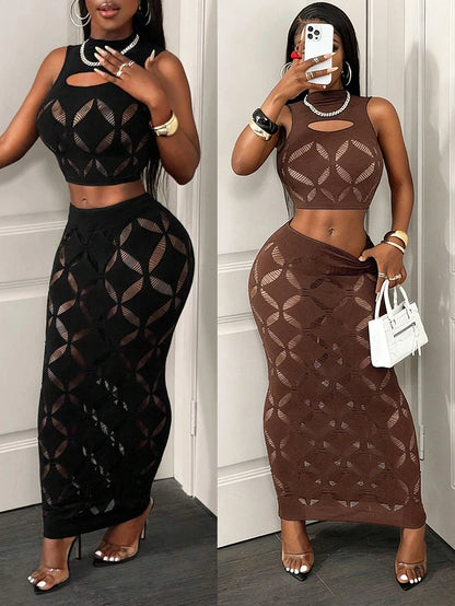 FHSEER Plus Size 2PCS Women's Sexy Set See Through Mesh Hollow Out Crop Tank & High Waist Bodycon Mini Skirt Stretechy Clubwear