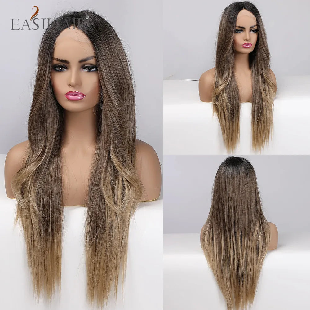 EASIHAIR Lace Front Hair Wigs Brown Long Straight Synthetic Lace Wigs for Black Women Daily Cosplay Party Heat Resistant Fibers