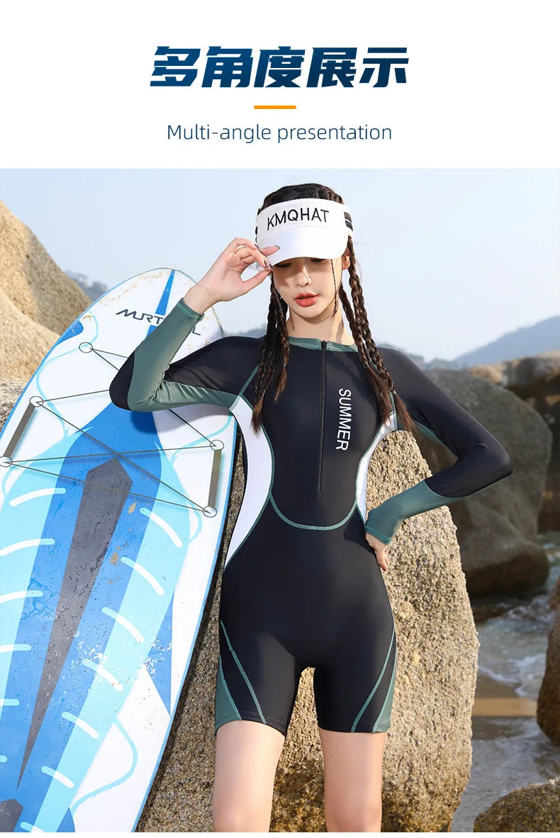 Women One Piece Long Sleeve WaterProof Outdoor Sports Beach Push Up SwimWear Female Full Body Quick-Dry Bathing Rash Guard