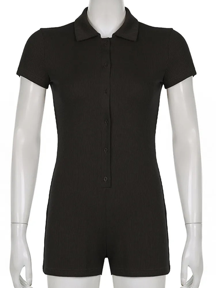 Fashion Solid Color Lapel Short Playsuit One-Piece Slim Fit Button Down Short Sleeve Rompers Casual Knit Y2k Womens Clothing