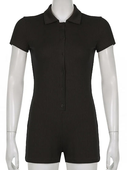 Fashion Solid Color Lapel Short Playsuit One-Piece Slim Fit Button Down Short Sleeve Rompers Casual Knit Y2k Womens Clothing