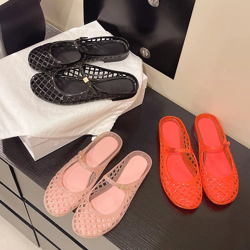 Women's Light Luxury Crystal Jelly Mary Jane Flat Sandals Hollow-out Breathable Closed Toe Summer Casual Non-slip Slip-on Shoes