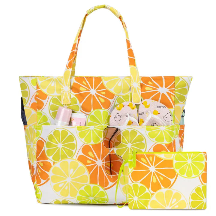 Kabaqoo Women's Large Capacity Beach Tote Bag Oxford Cloth Waterproof Striped Travel Bags Multi-pocket Foldable Top-Handle Bags