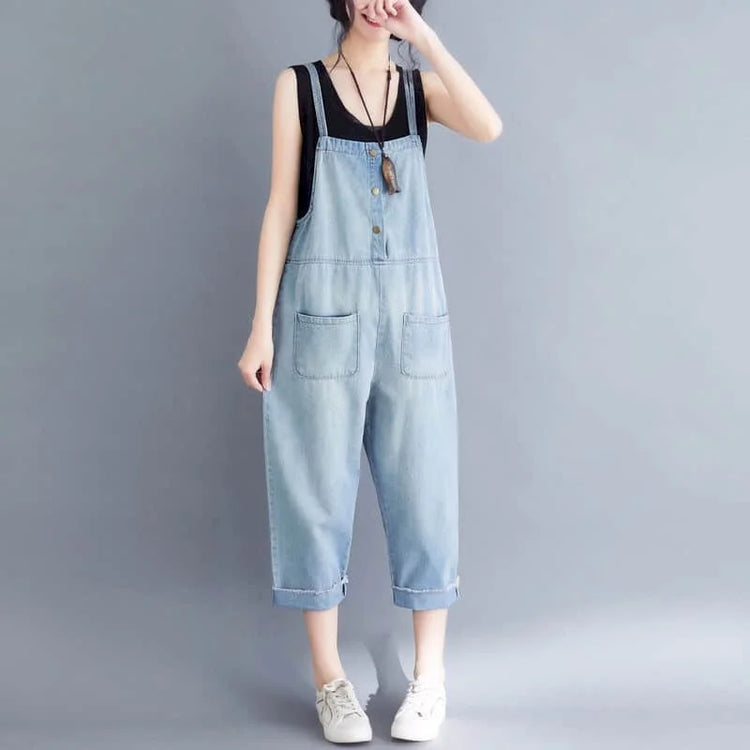 Denim Jumpsuits for Women Harajuku Sleeveless Straight Pants One Piece Outfits Women Capri Pants Loose Casual Vintage Playsuits