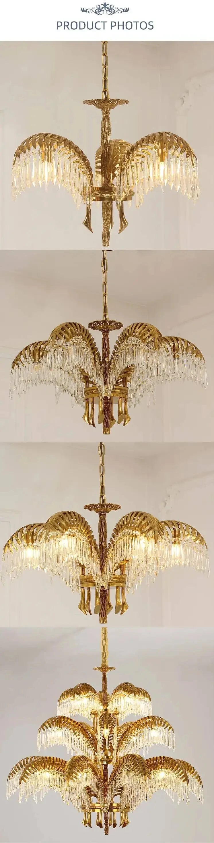 Hand Carving Gold Brass Hanging Pendant Lights Villa Living Room Luxury Crystal Palm Chandelier