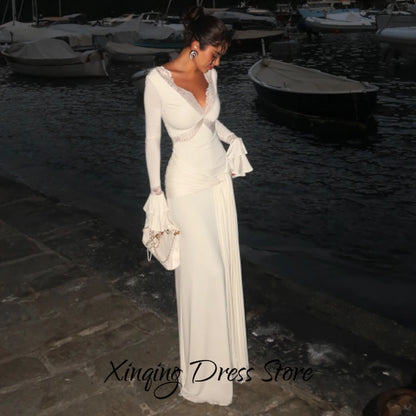 Elegant Mermaid Evening Dress Temperament Lace V-Neck Sweep Train Customized Celebrity Gowns Charming Jersey Prom Dresses