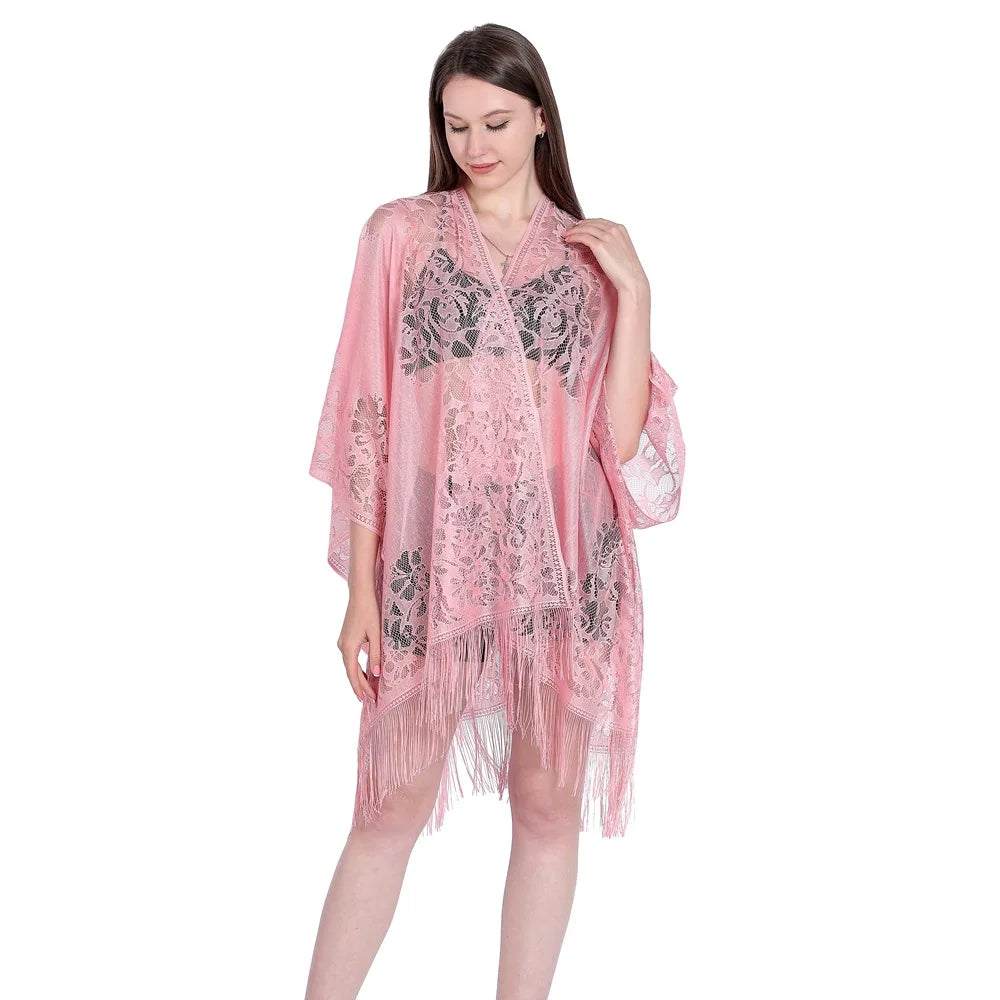 Women Sun Protection Shawl Lady Summer Hollow Out Lace Cardigan Holiday Bikini Blouse Breathable Beach Cape Sexy Long Tippet