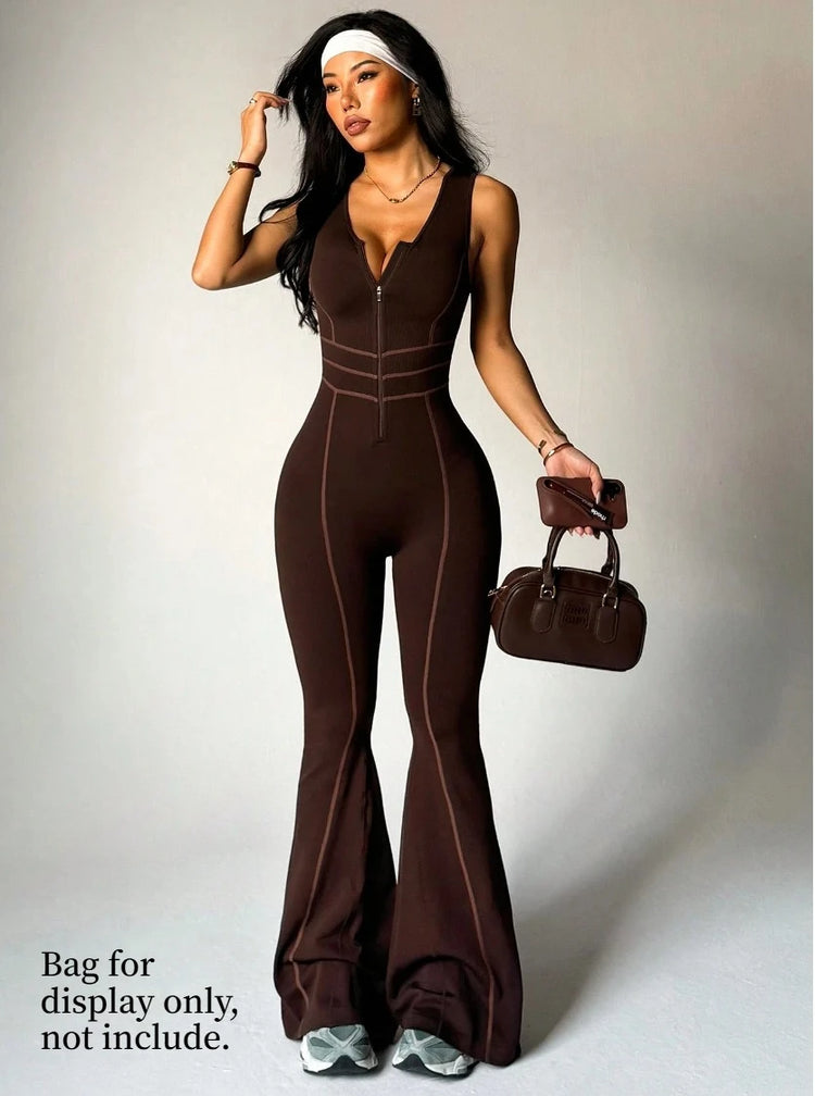 Greenora Women Sexy Zip Up Jumpsuit Contrast Stitch Flare Pants One Piece Outfits Streetwear Bodycon Romper Y2K Clubwear 2026