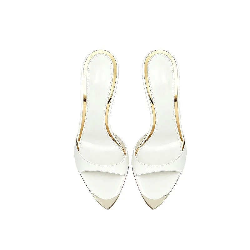 Customized metal pointed high-heeled cool slippers for summer,with a slim heel and elegant styleworn externally with a half drag