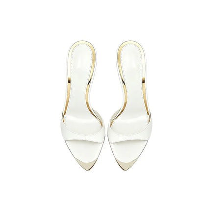 Customized metal pointed high-heeled cool slippers for summer,with a slim heel and elegant styleworn externally with a half drag