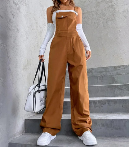 Women's Casual Bib Overalls Adjustable Shoulder Strap Pocket Wide Leg Jumpsuit Loose Straight Women Streetwear Suspender Pants
