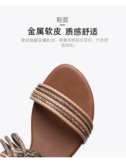 High quality leather flat sandals for women stripe zipper new summer 2026 36 42 open toe casual beach shoe black khaki brown