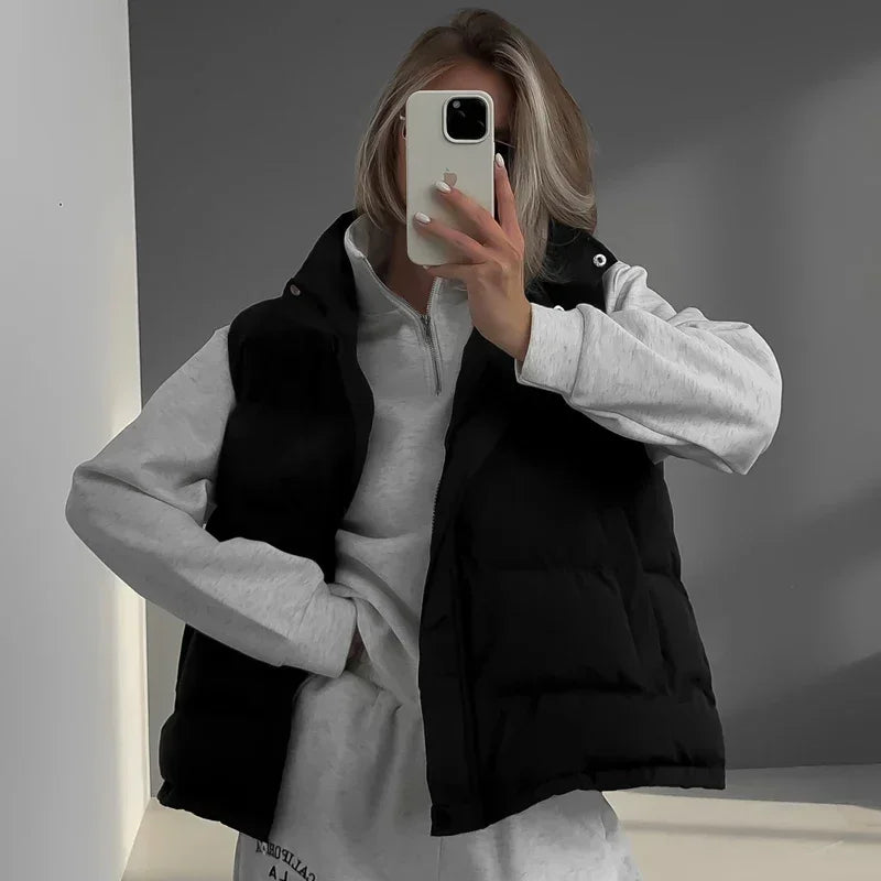 Winter Padded Vests For Woman Zipper Hooded Sleeveless Jacket and Waistcoats Fashion Warm Parkas Coat Outerwear Streetwear