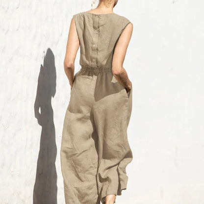Cotton And Linen Jumpsuit Women Solid Color Sleeveless Pocket High Waist Wide Legs Jumpsuits Casual Commuting Ladies Bodysuits