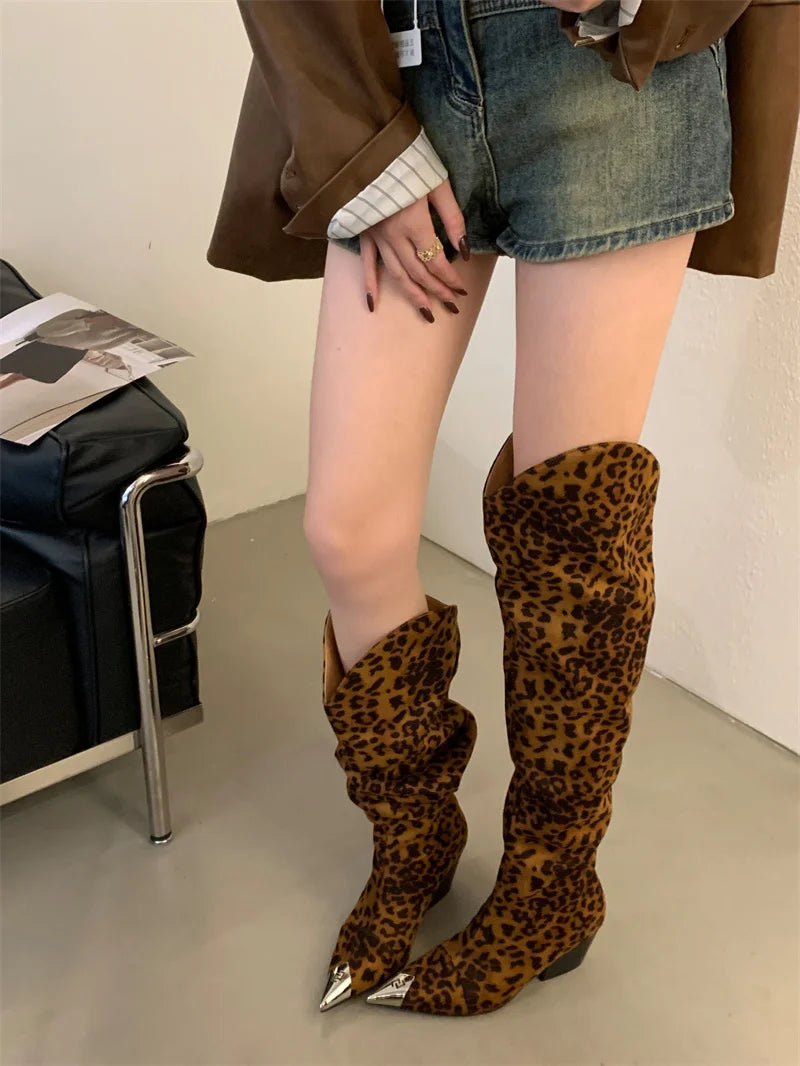 ZAROY Punk Metal Pointed Toe Knee High Boots Women Winter Retro Leopard Print Square Low Heels Pleated Western Cowboy Long Botas