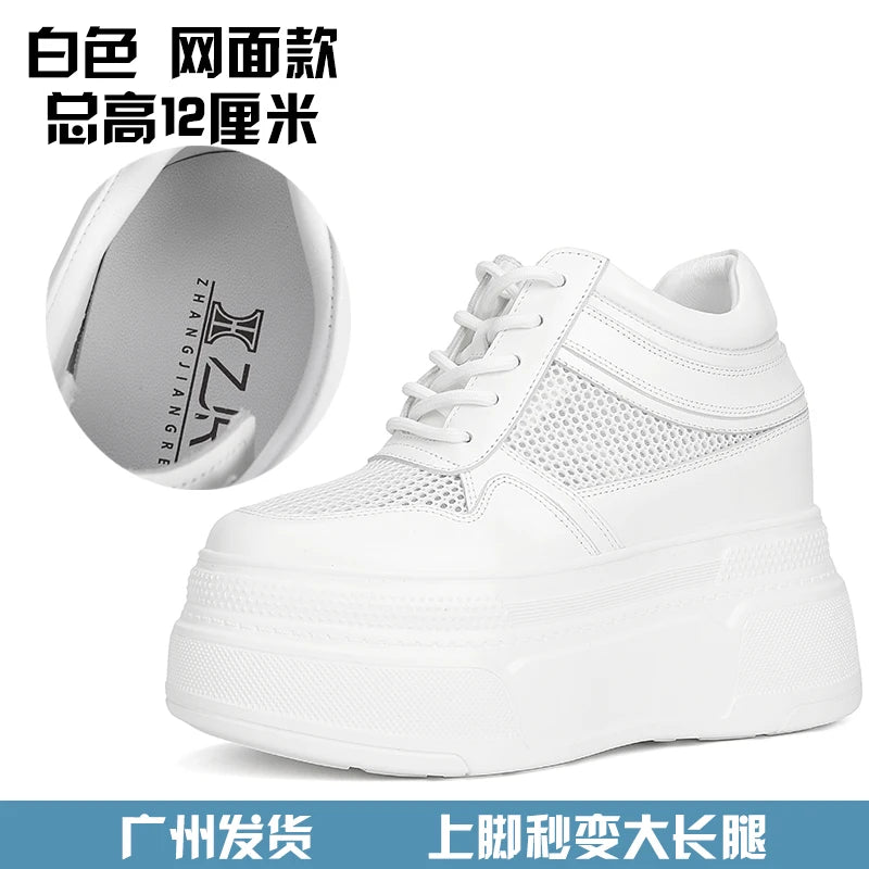 10-14cm Chunky Sneakers Women Platform Shoes Elevator Shoe White Mesh Breathable Sneakers Real Leather Increasing Shoes