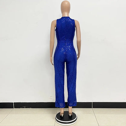 Bling Bling Sequined Club Jumpsuit Sexy Women O-neck Elegant Shiny Sliver Gold Sequins Straight Romper Overalls