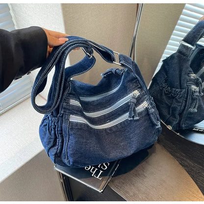 Vintage Denim Women's Shoulder Bag Large Capacity Messenger Bag Multi-pockets Satchel Bags Adjustable Strap Ladies Crossbody Bag