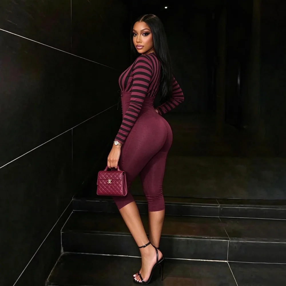 FLARORA Trend Stripe Color Blocking Jumpsuits Woman Deep V Neck Full Sleeve Bandage Skinny Peach Hip Sexy Party Club Overalls