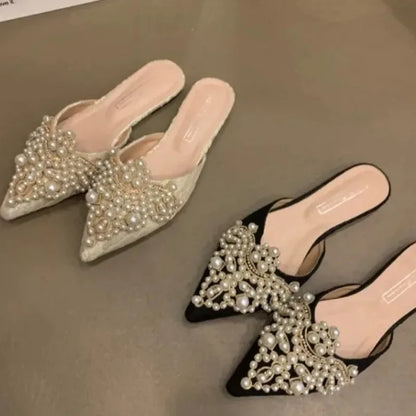 New Women's Shoes Exquisite Imitation Pearl Mueller Slippers for Woman Elegant French Casual Shoes Designer Shoes Zapatos Mujer