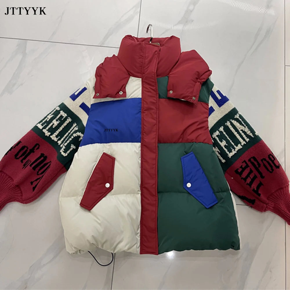 Streetwear Letter Stitching Fashion Down Jacket Women's New Hooded Parka Loose Winter Down Coat Female Thick Casual Warm Clothes