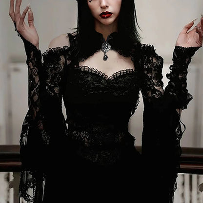 Gothic See Through Shrug Tops Grunge Aesthetic Black Flare Sleeve Crop Top Women Streetwear Vintage Punk Sexy Clothing