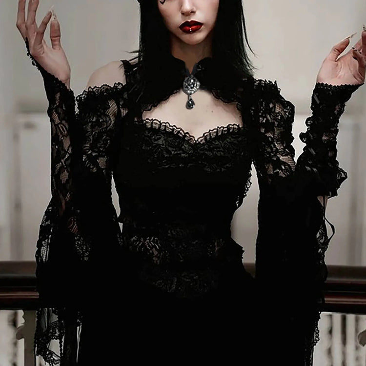 Gothic See Through Shrug Tops Grunge Aesthetic Black Flare Sleeve Crop Top Women Streetwear Vintage Punk Sexy Clothing