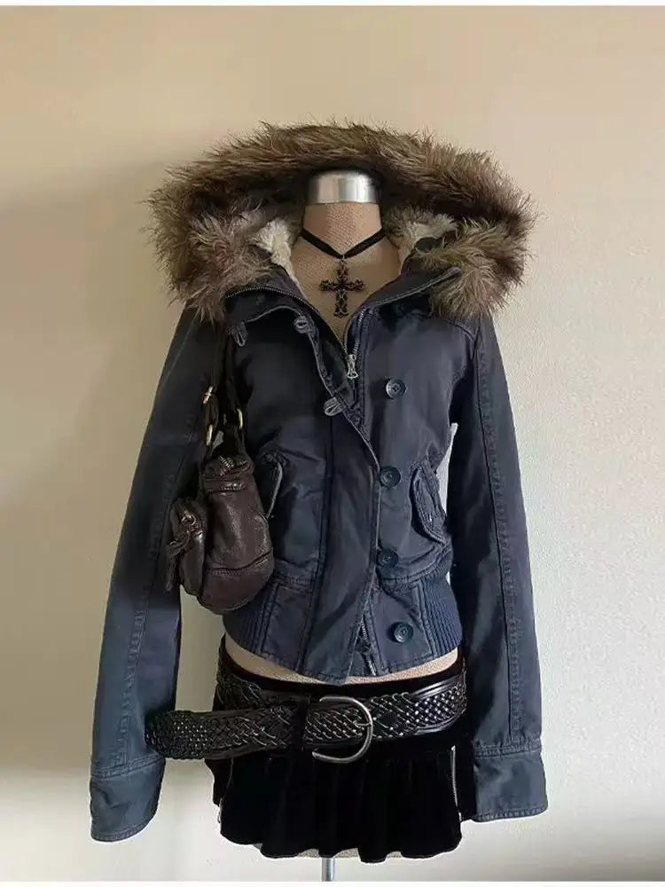 Women's Daily Commute Army Green Thicken with Fur Collar Warm Design Cardigan for Winter Harajuku Japanese Style Simple Jackets