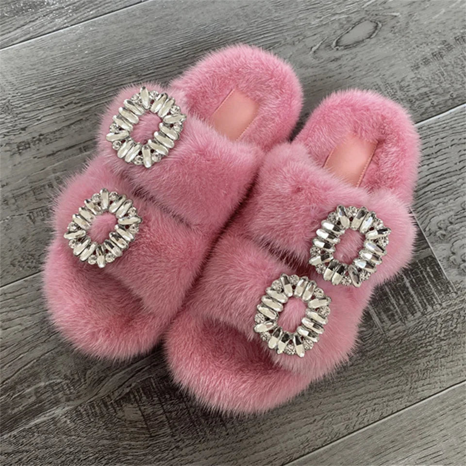 2025 New Women Fur Slippers Shoes Women Warm Winter Crystal Fur Shoes For Women Slippers Casual Plush Comfortable Mink Slippers