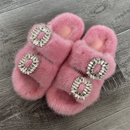 2025 New Women Fur Slippers Shoes Women Warm Winter Crystal Fur Shoes For Women Slippers Casual Plush Comfortable Mink Slippers