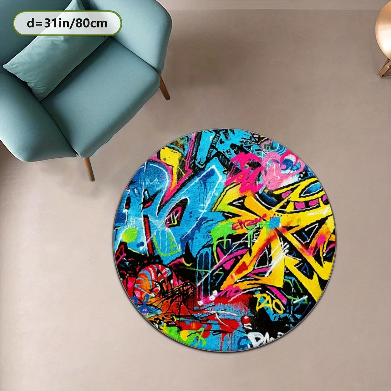 Hip Hop Street Graffiti Art Printed Round Carpet, Modern Cool Urban Style Anti-slip Rug for Entryway Lounge Bedroom Floor Decor