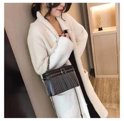 Luxury Designer Cylinder Bag Ladies Fashion Rivet Shoulder Bags Fringed Small Mobile Phone Crossbody Purse Summer Chain Borse