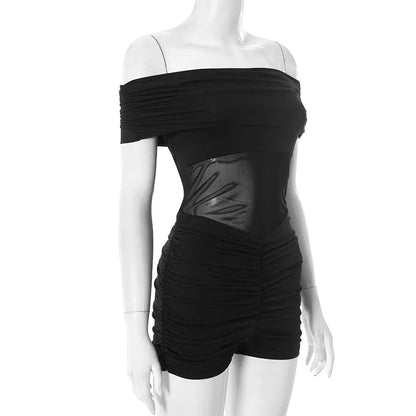 ANJAMANOR Splicing Mesh See Through Black Sexy Off Shoulder Romper Jumpsuit Woman Clothing Clubwear New Arrivals 2025 D85-BG19
